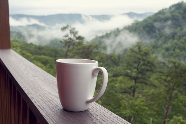 A holistic and calming environment showing green mountains in Los Angeles behind a warm cup on wooden handrail