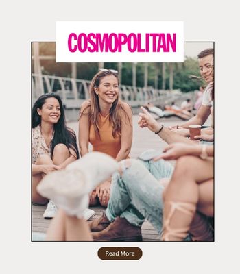 Photo showing a group of friends on the beach, with the words "Cosmopolitan" on it. Photo says "read here" to get access to Cheryl Groskopf's feature in the magazine, discussing attachment styles and relationships.