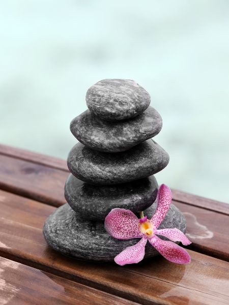 Balanced stones with a pink orchid, symbolizing relaxation and healing in somatic therapy, Los Angeles