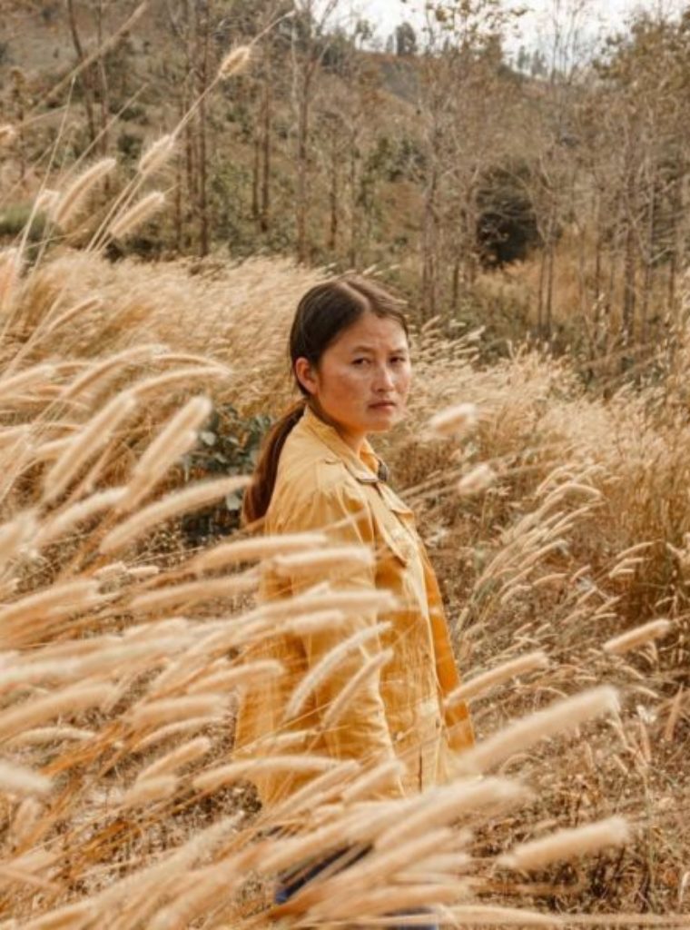 Woman in Los Angeles receiving attachment therapy to feel relaxed. She is walking in a field, brown pampas, and she is looking at the camera. she is wearing yellow.