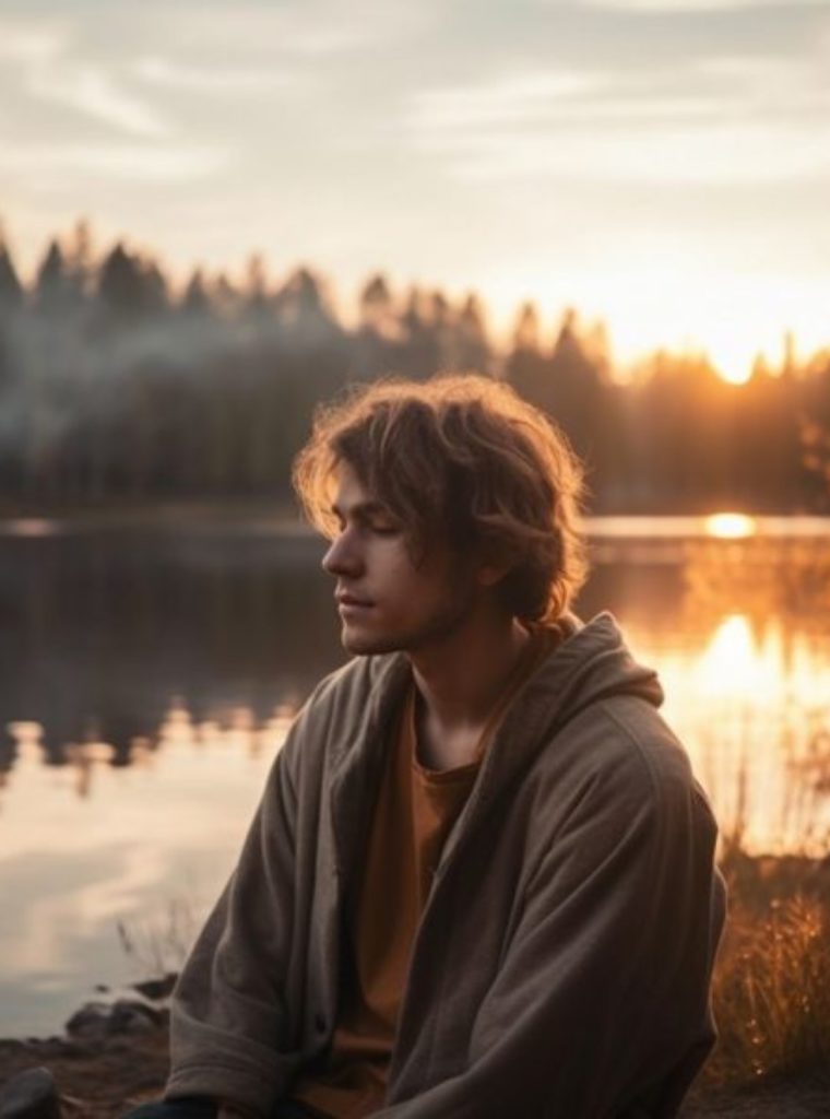 Man meditating in Los Angeles as a form of therapy. water is behind him, nature of trees, and he looks relaxed