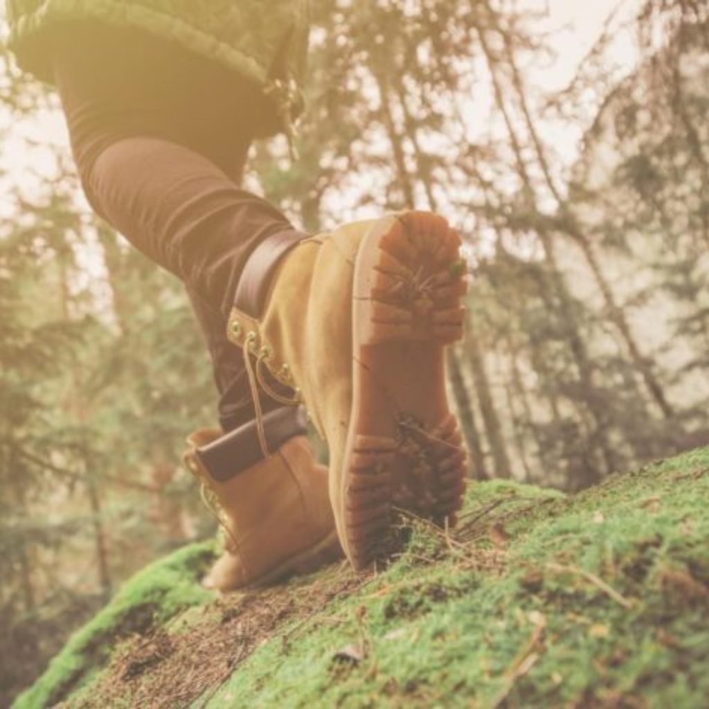 holistic therapy in los angeles nature. the bottom half of a person, dark pants and brown shoes walking on green grass. trees in background